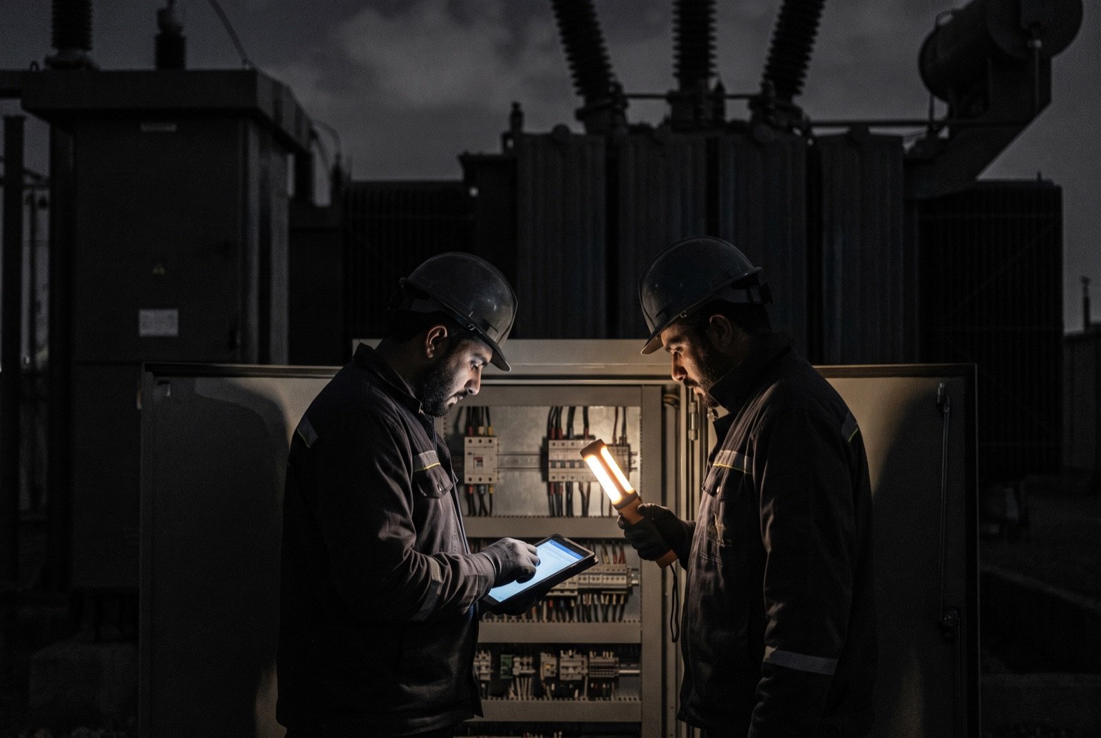 Two Energy Basics engineers checking a control panel on site after dark, lit by a hand-held work lamp and a tablet screen
