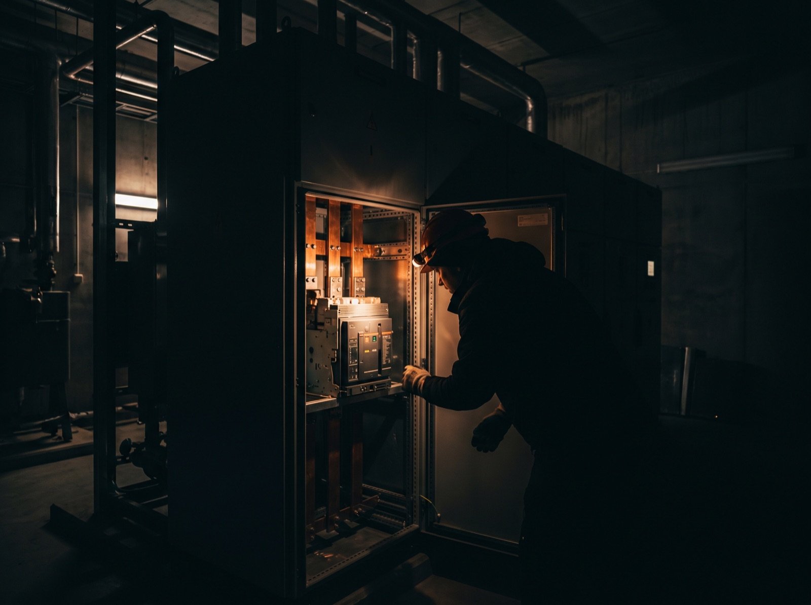 A technician working by headlamp inside an open medium-voltage switchgear cubicle in a darkened plant room